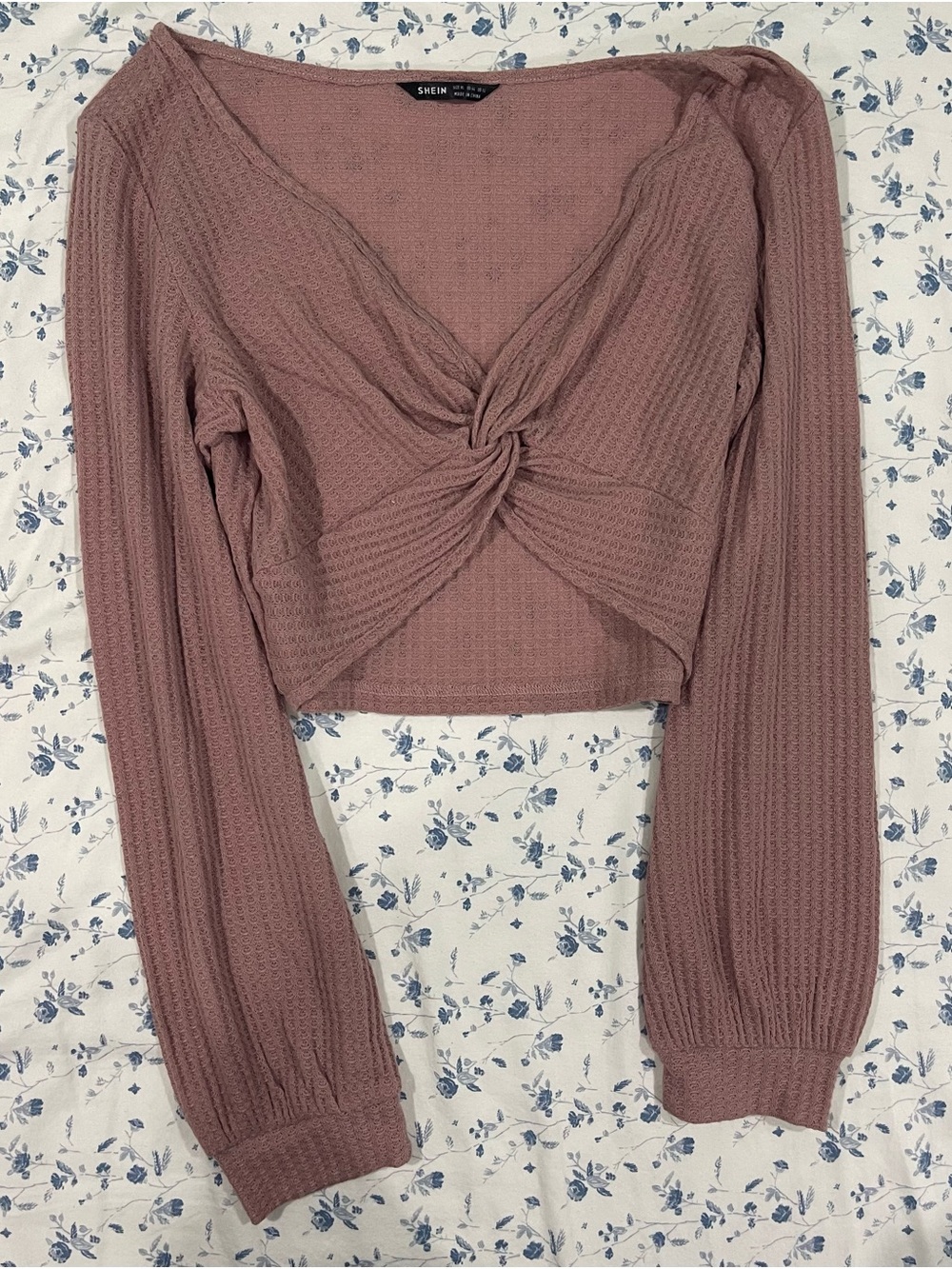 SHEIN Dusty Mauve Twist-Front Waffle Knit Crop Top